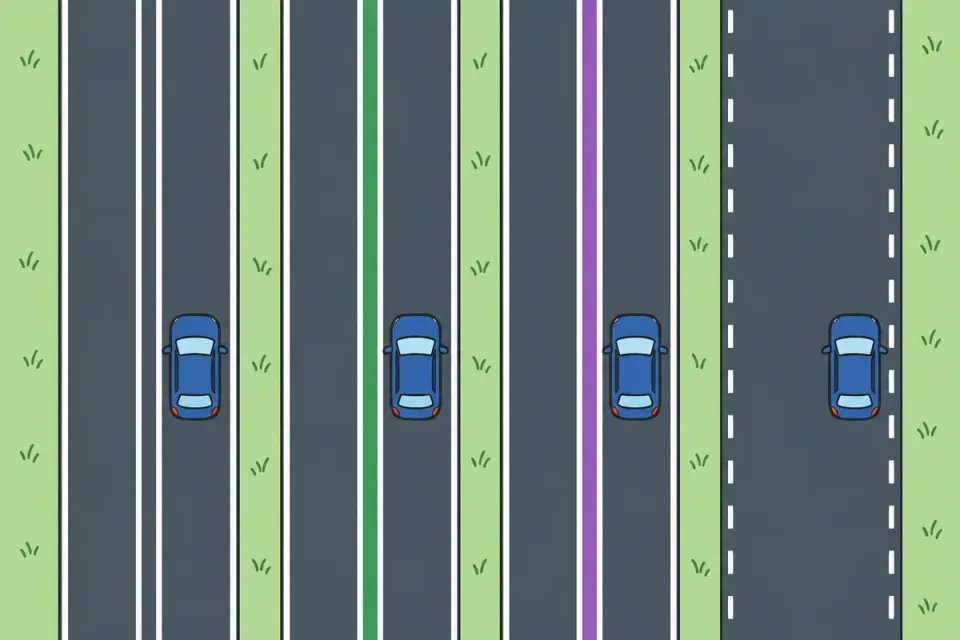 You see four roads, from left to right A, B, C and D. On which road is the limit usually 60 km/h?