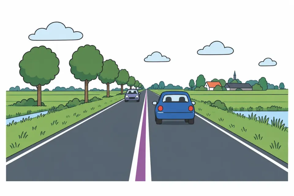 You are driving behind the blue car. On your side there is a solid white line next to the purple. May you overtake the blue car?