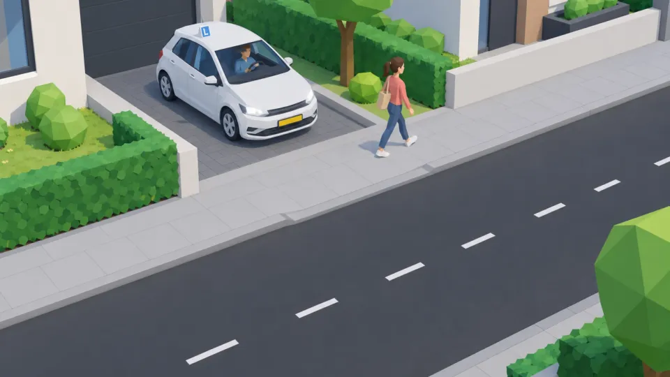 De lesauto rijdt de uitrit uit. Op de stoep loopt een voetganger. Wie gaat eerst?