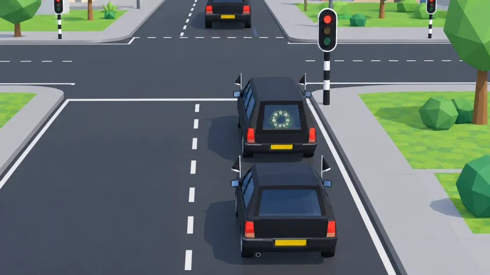 The first car of the funeral procession has already crossed. Now the light is red. May the next car of the procession drive on?