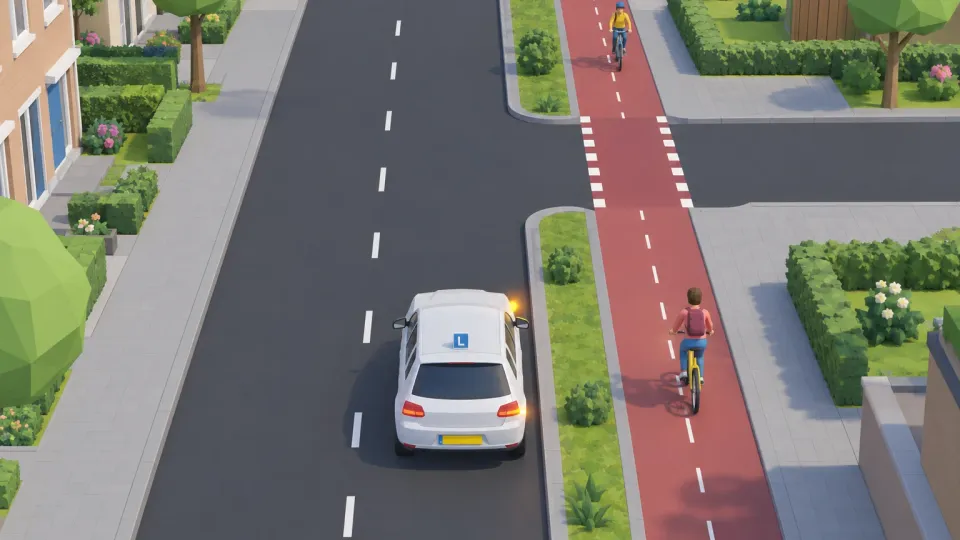 You turn beside this cycle path. There is no warning. What remains necessary?