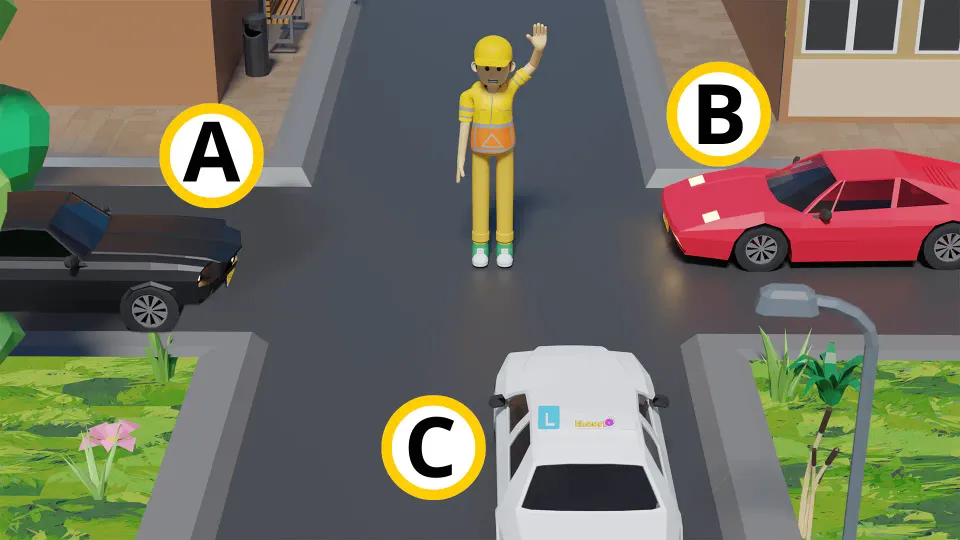 Which vehicle may continue driving?