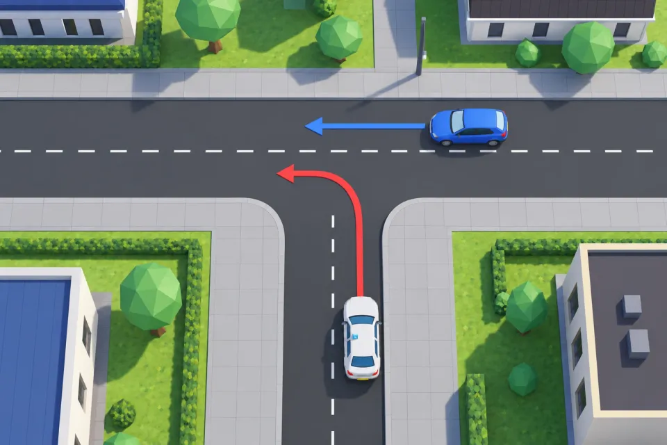 You come out of the side road and want to turn left. There are no signs or shark's teeth. Who goes first?