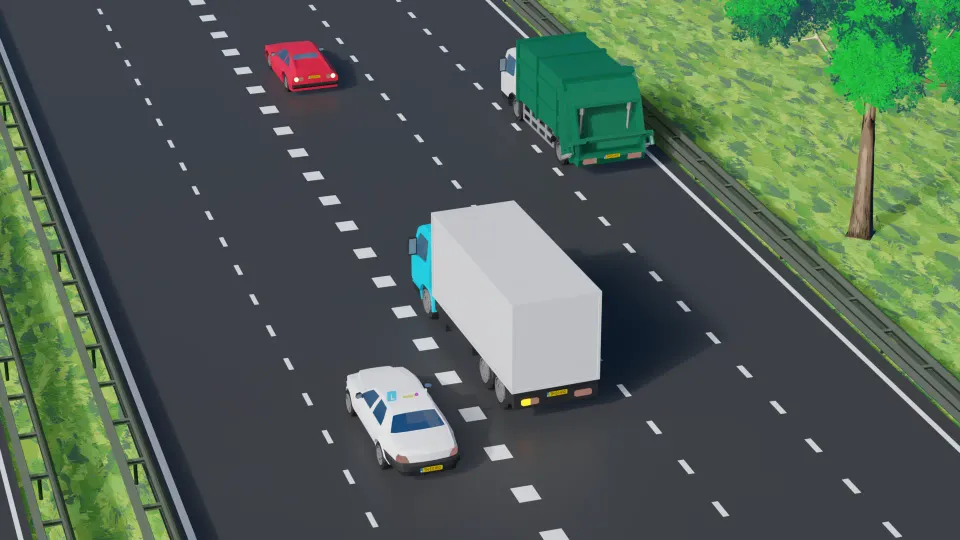 De vrachtwagen wil invoegen. Wat moet je doen in deze situatie?