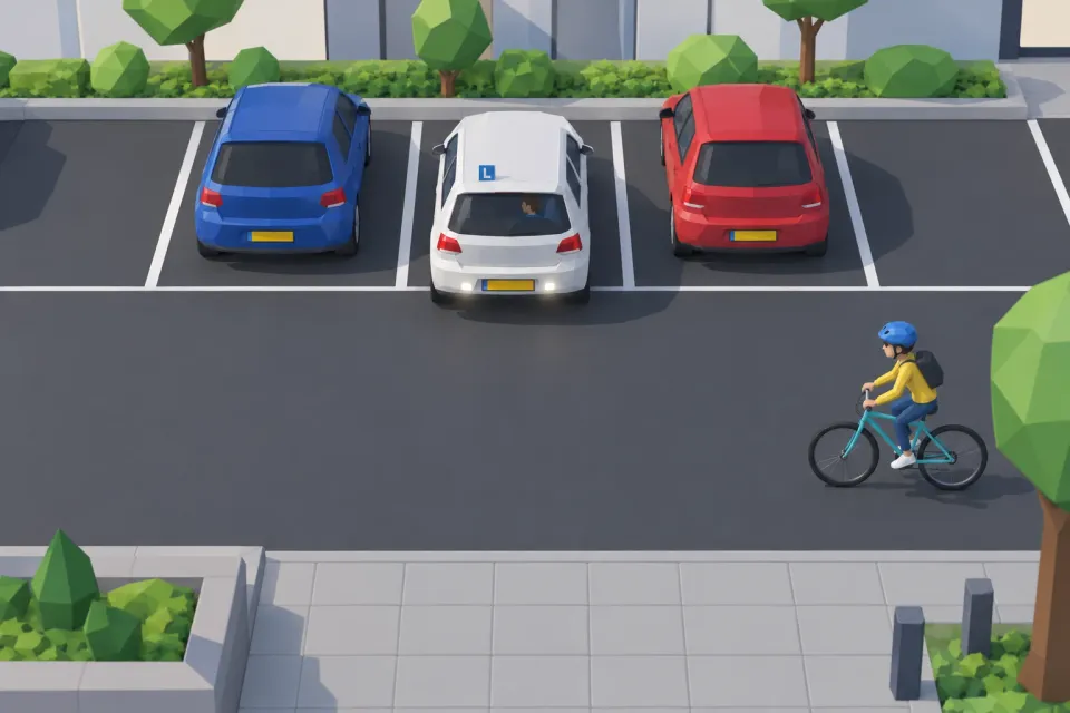This cyclist approaches from the side while you reverse. What do you do?