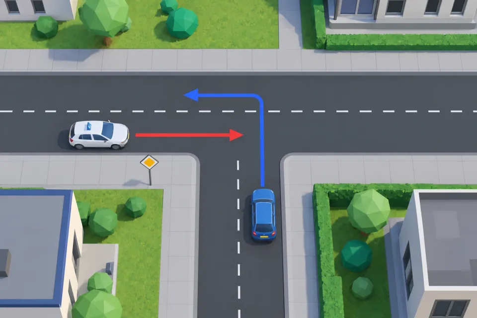 You are on a priority road (sign B1). A blue car comes out of the side road on your right. Who goes first?