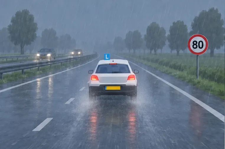 The limit is 80 but rain reduces visibility and grip. What do you do?