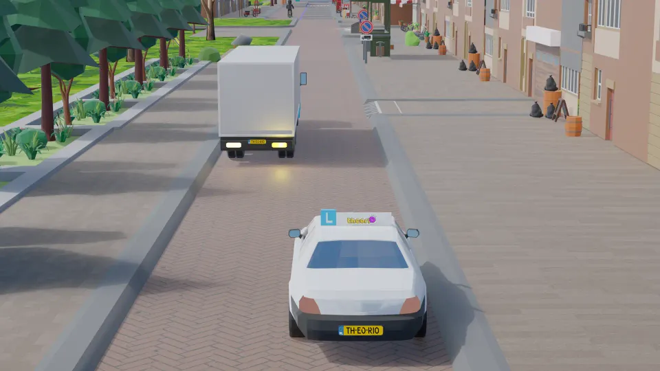 De vrachtwagen wilt wegrijden. Moet je de vrachtwagen voor laten gaan?
