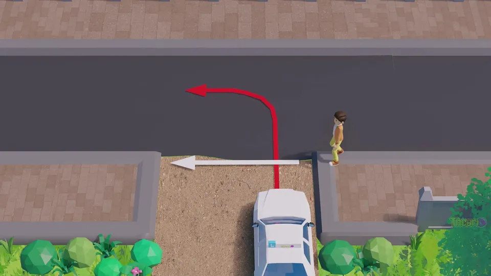 The learner car comes from the sandy track. Does this pedestrian get priority because of the unpaved-road rule?