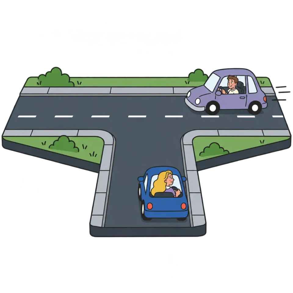 Illustrated T-junction: a blue car waits in the side road while a lilac car approaches from the right on the through road