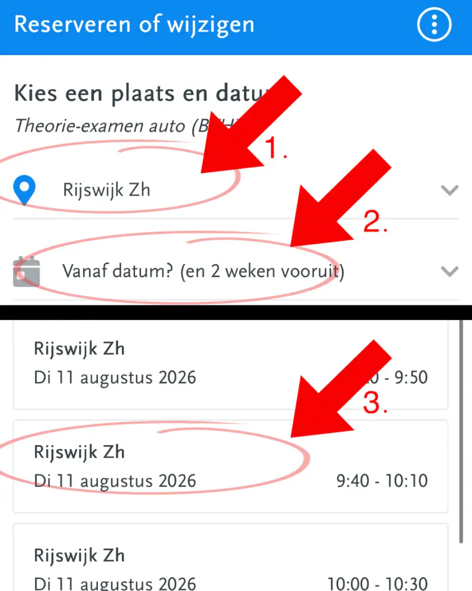 Plaats, datum en tijd kiezen voor het theorie-examen