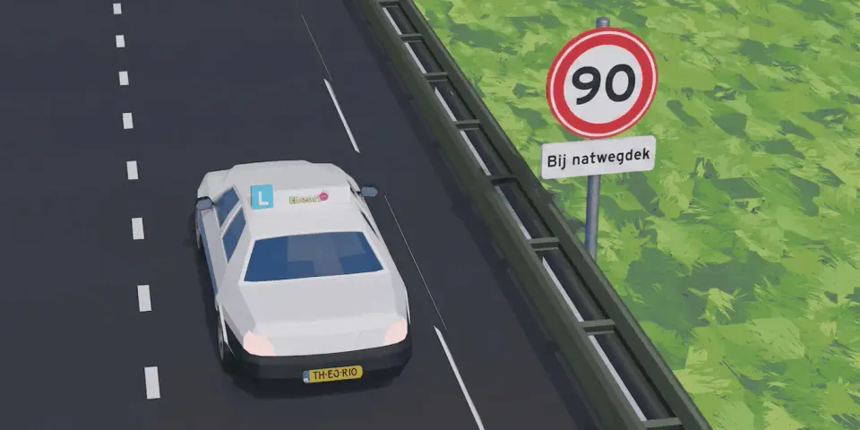 Learner car at a maximum speed 90 sign with the sub-sign for a wet road surface