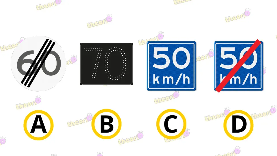 Four signs next to each other: end of maximum speed, matrix sign with 70, blue advice sign 50, and end of advice