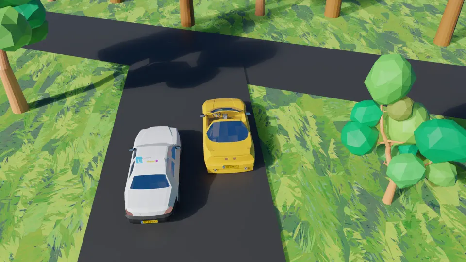 At this junction the vehicle ahead blocks your view of crossing traffic. Wait behind it.