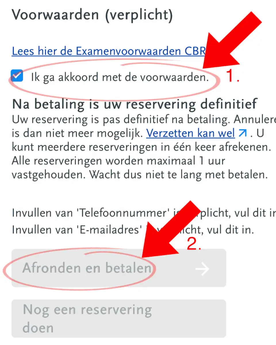 Voorwaarden accepteren en online betalen in Mijn CBR
