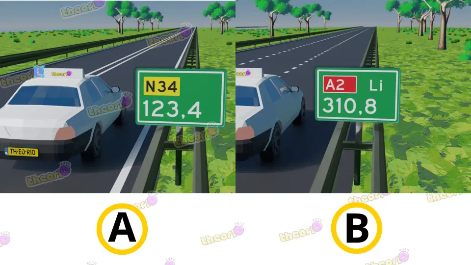 Hectometre sign of an N-road next to a hectometre sign of an A-road