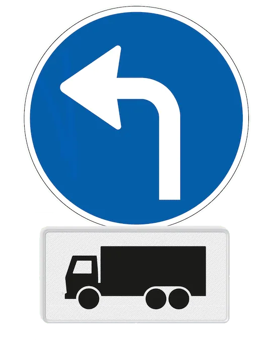 Mandatory direction left with a sub-sign showing a lorry
