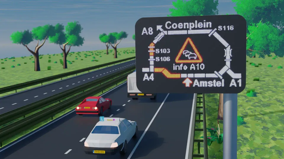 Electronic sign with a schematic ring road showing part of the route as a traffic jam