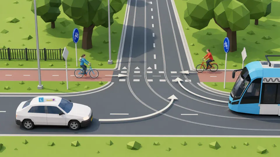 Here the tram goes first. Then the cyclists going straight on, and last the turning car.