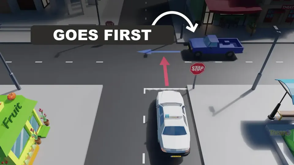Learner car stops at a stop sign and stop line and lets the crossing traffic go first