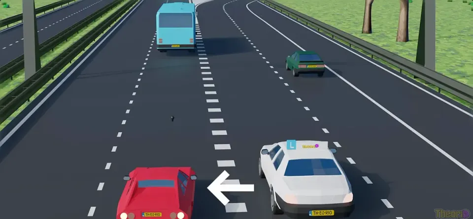 Learner car on the acceleration lane to the right of the block markings, going faster than the traffic on its left