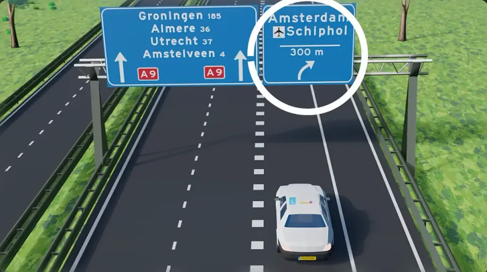 Blue sign above the motorway showing the exit to Amsterdam and Schiphol in 300 m, with the learner car below it