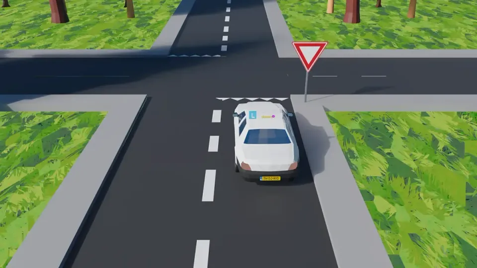The learner car approaches give-way markings and sign B6; nobody is on the crossing road.