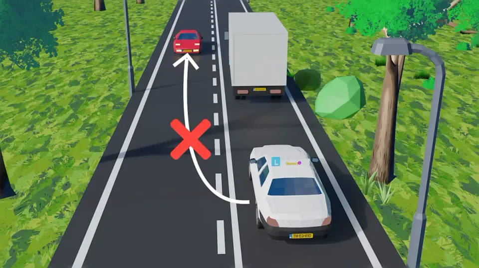Learner car behind a car, with a solid line on its side and a broken line on the other side