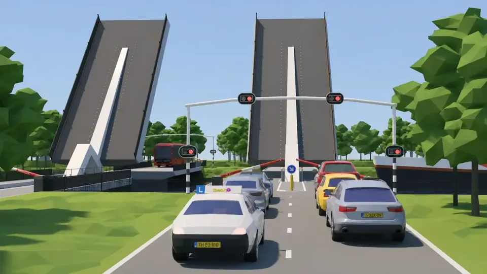 An open lift bridge with two red bridge lights; the learner car waits in front of it with other cars.