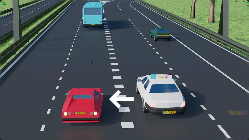 Learner car to the right of the block markings overtakes the red car on its left on the right