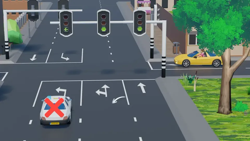 Two lanes go left and the learner car is in the left one of the two.