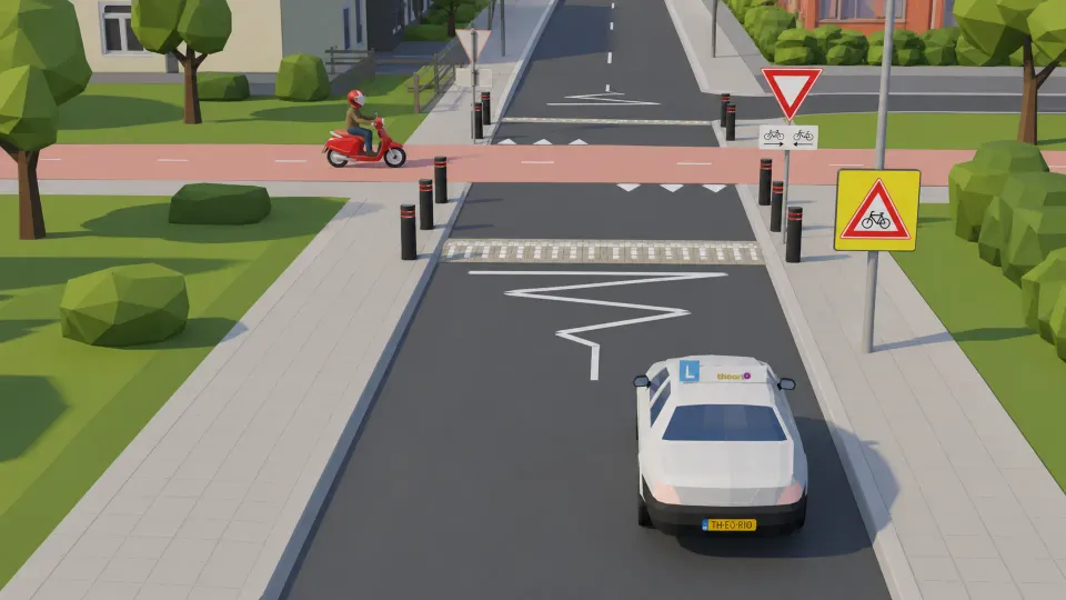 Zigzag line on the road before a junction with a cycle path.