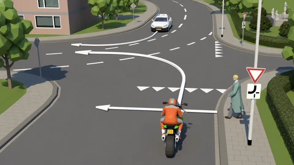 The thick line shows which branches form the priority road. The motorcyclist at B6 and give-way markings waits for drivers on that road.
