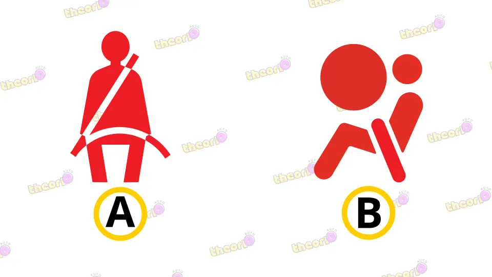 A on the left is the seat belt warning. B on the right is the airbag light: if it stays on, there may be a fault.