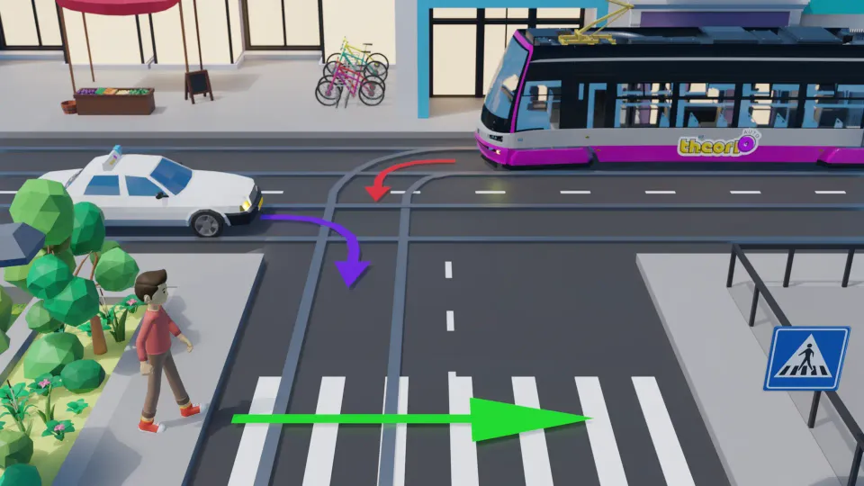 Equal junction with a tram that goes first; the pedestrian on the zebra crossing may also go first