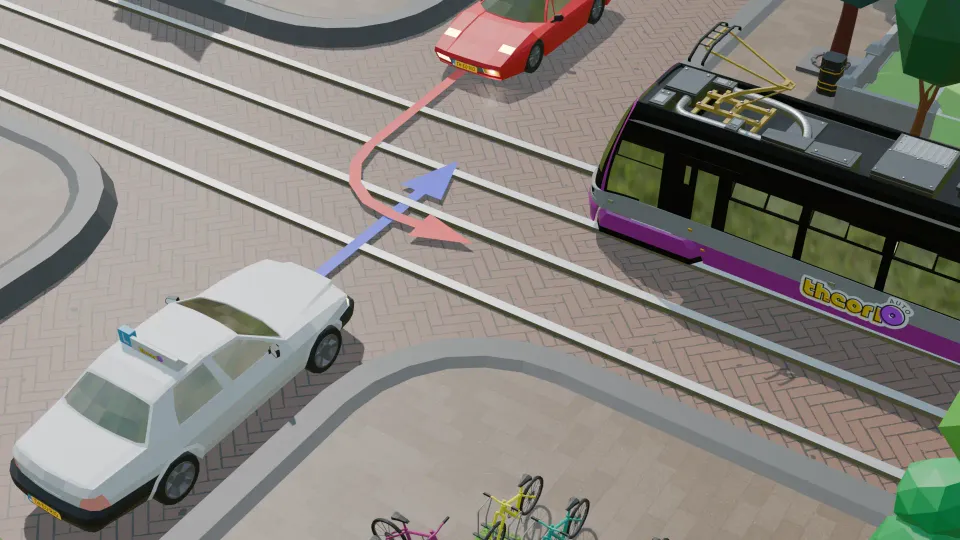 At an equal junction the tram goes first. It does not matter whether it comes from the left or the right.
