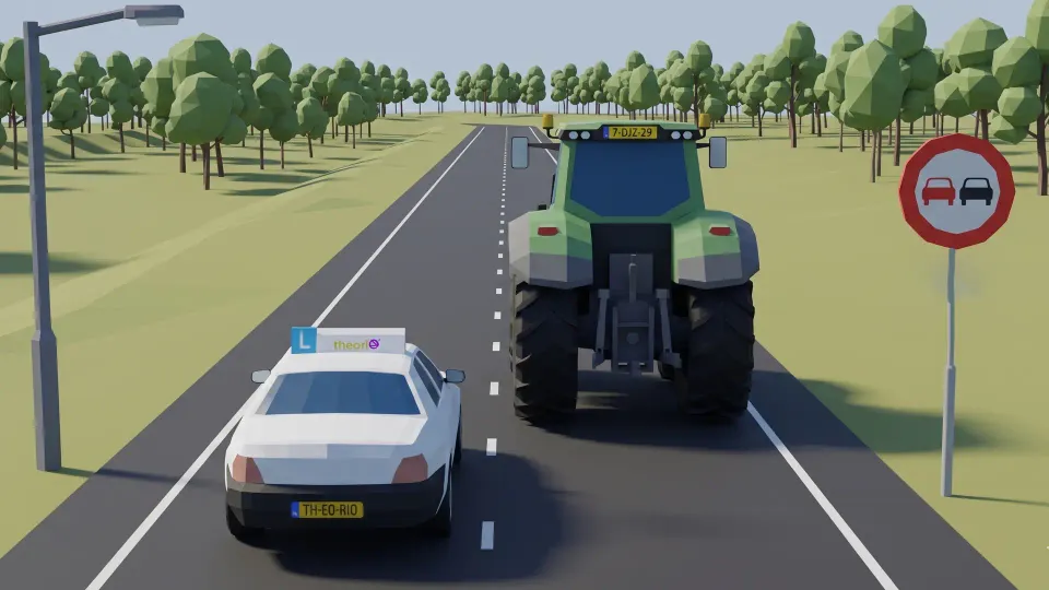 This overtake is not allowed: there is no plate under sign F1 that allows overtaking the tractor.