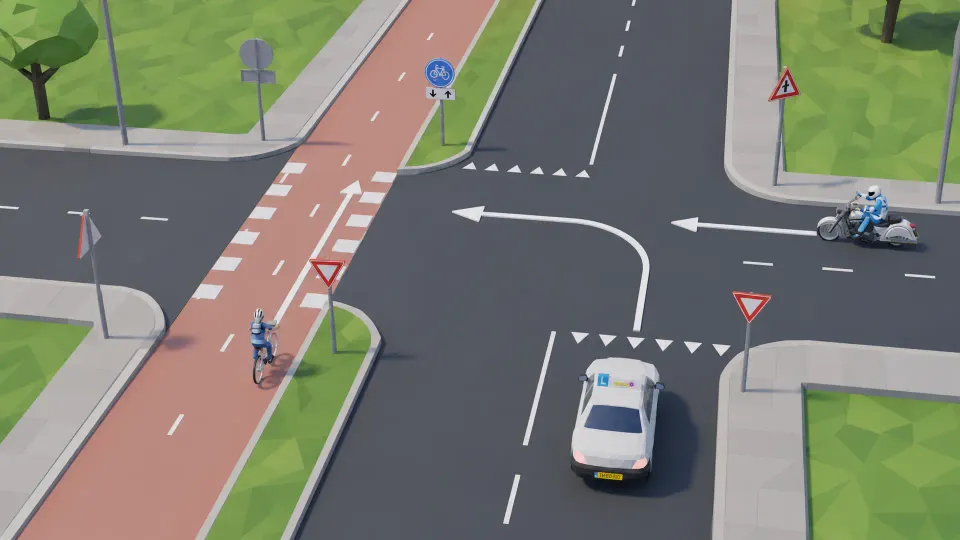Car turning while a cyclist goes straight ahead on the cycle path next to the carriageway, with a verge in between