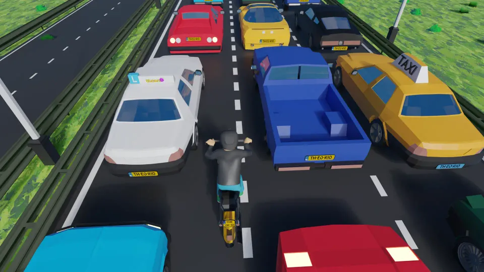 Motorcyclist riding between two rows of cars in a traffic jam while the cars have moved to the outside of their lanes