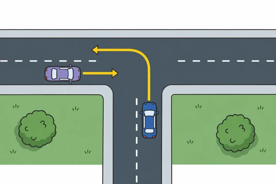 Top view of an equal T-junction without signs or give-way markings: the blue car from the side road comes from the lilac car's right