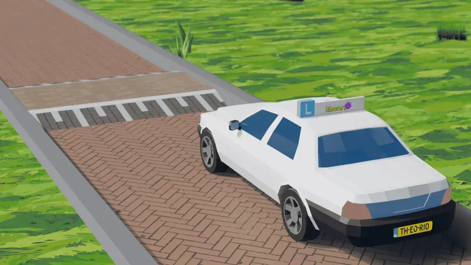 Driving school car on a brick-paved road with a speed bump: a road designed for 30 km/h