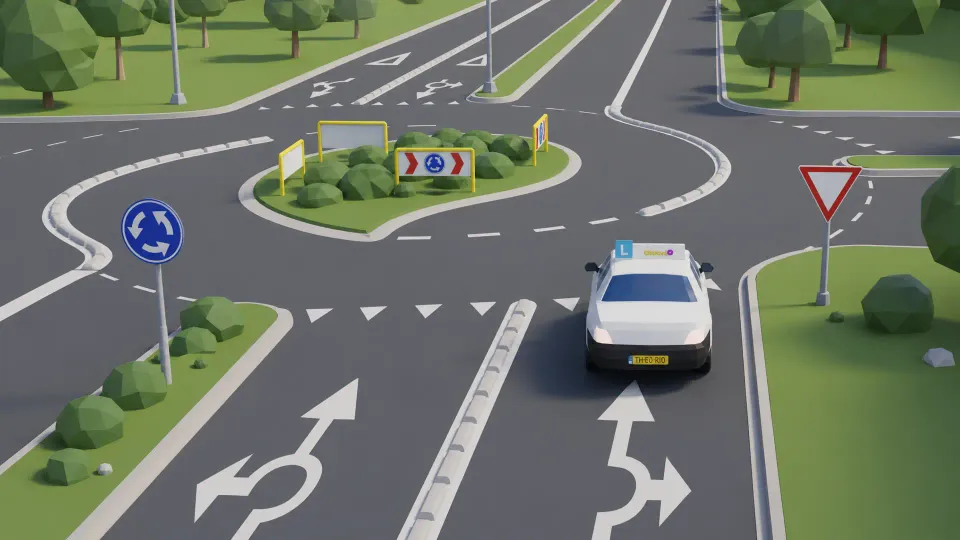 Two-lane roundabout with arrows on the road for each lane