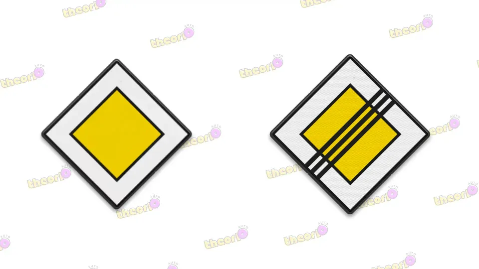 Yellow diamond-shaped priority road sign next to the same sign with stripes through it: end of priority road