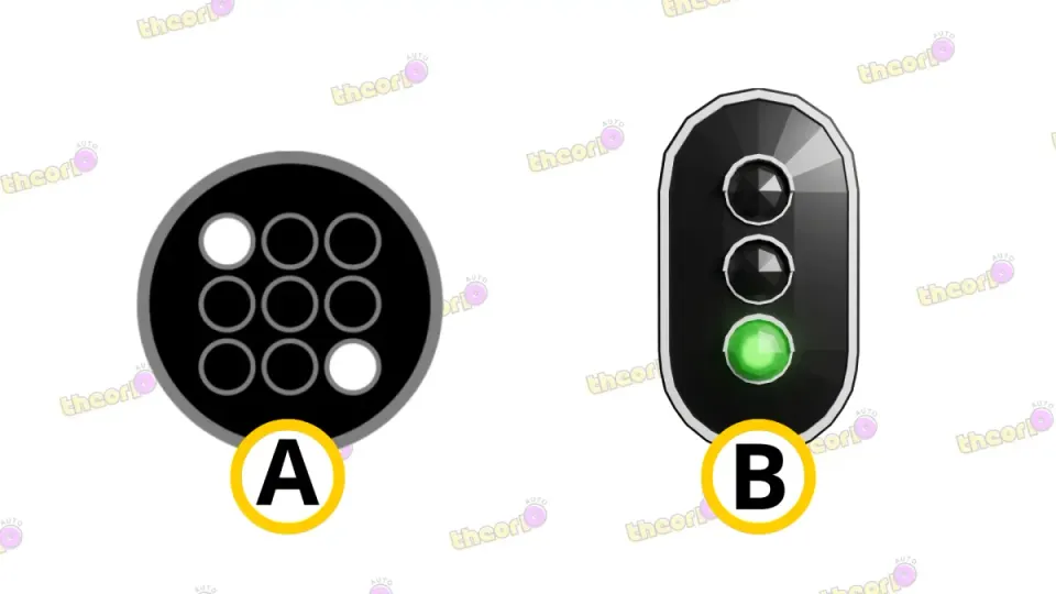 Left a round black light with white dots (A), right an ordinary traffic light on green (B).