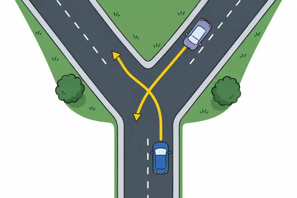 Top view of an equal Y-junction without signs or give-way markings, with two cars each approaching the fork on their own right-hand side of the road