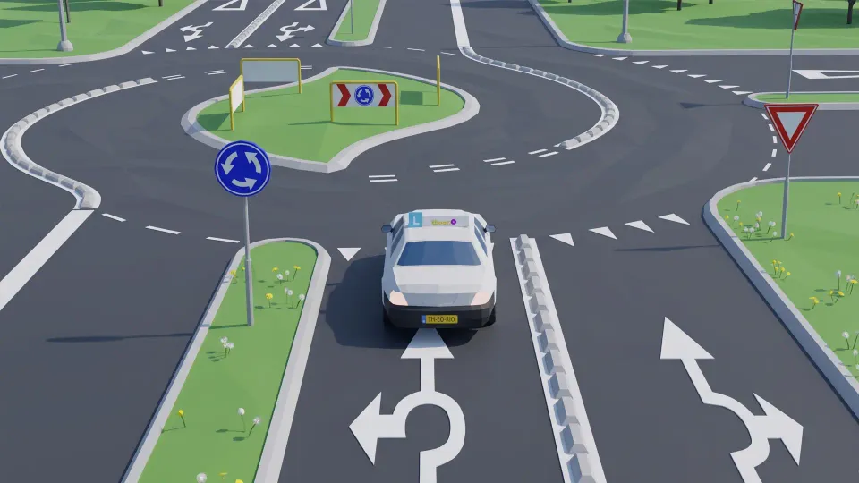 Road marking of a roundabout with multiple arrows, as a notice of a roundabout with multiple lanes