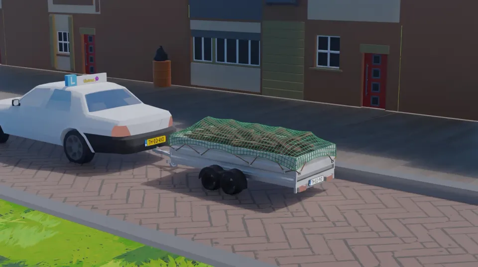A trailer behind a driving school car with a net over a loose load