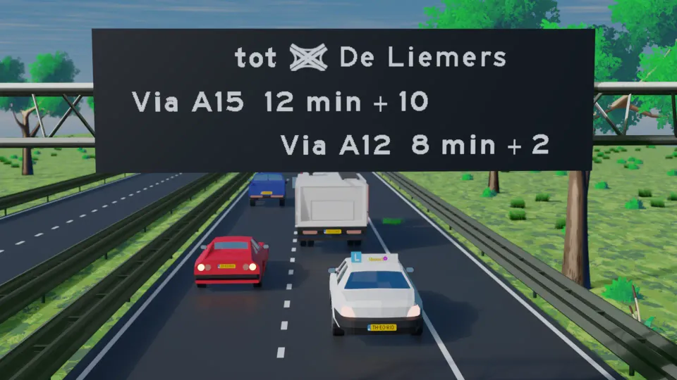 Electronic travel time sign with two routes, their travel time in minutes, and the delay included