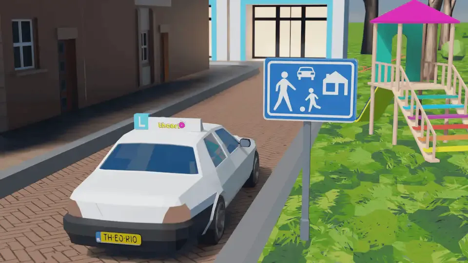 Learner car in a residential zone next to the blue erf sign with children playing