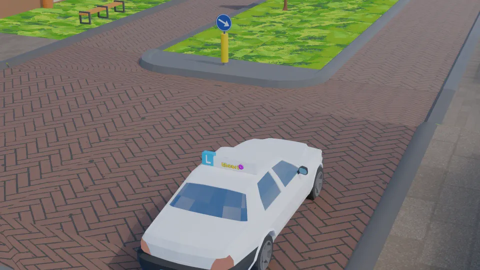 Round blue sign with an arrow pointing down to the right at a traffic island